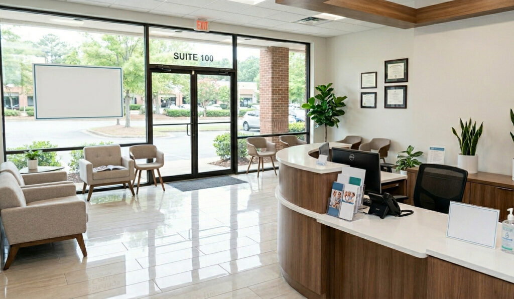 Clean and sanitized medical clinic reception area maintained by a commercial cleaning service in Sandy Springs, GA.