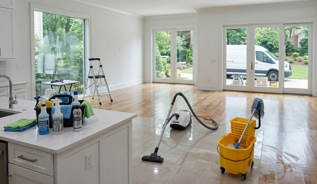 Bright residential living room and kitchen undergoing deep post-construction and move-in cleaning in Sandy Springs, GA.